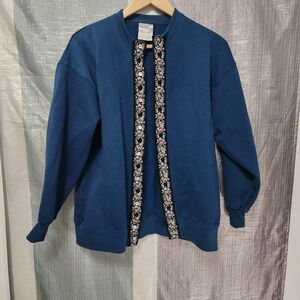 Vintage Crossbow Teal Blue Floral Tapestry Trim Snap Front Cardigan Sweatshirt L